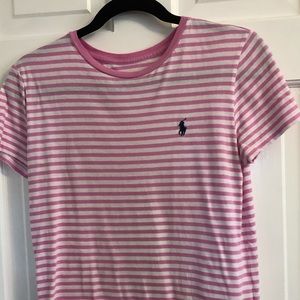 Pink and white striped polo top